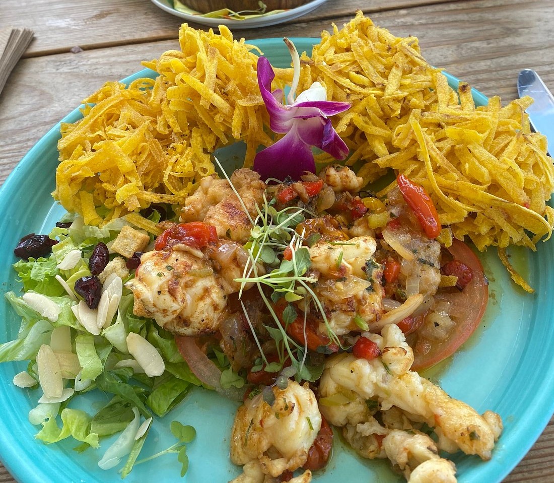 Sal De Mar Rooftop Crash Boat Beach Coconut Seafood Dish